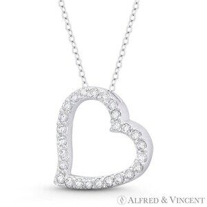 Sideways-Heart Charm CZ Crystal Pave Sliding Pendant in .925 Sterling Silver